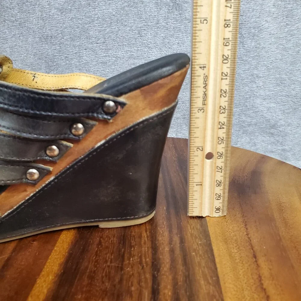 Bed Stu Sandals Women's 7 Brown Black Leather Gina Wedge Straps Slip On Platform - Picture 10 of 11